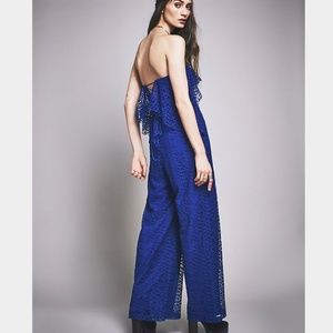 Free People Limoncello Jumpsuit Wide Leg Sleeveless Lace Cutout Blue Size 0 NWT